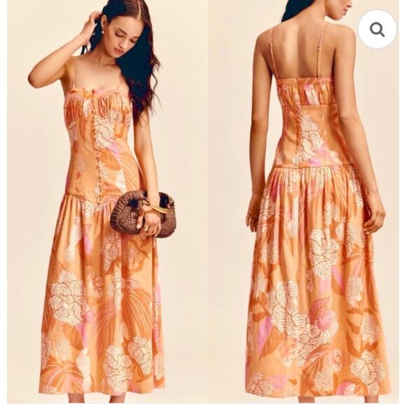 NWT Farm Rio x Anthropologie Linen Blend Strapless Drop Waist Maxi Dress - Picture 1 of 5